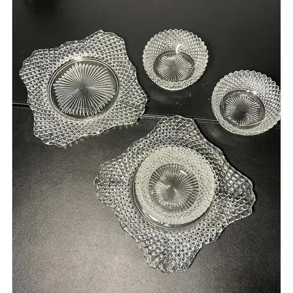 Westmoreland 1940s Pressed Clear Glass Snack Set Diamond & Fan, 2 Plates 3 Bowls - Picture 3 of 16